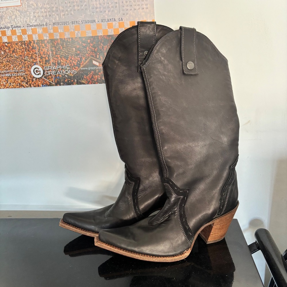 Corral Vintage Black Leather Tall Western Boots Snakeskin Cross Inlay PointedToe
